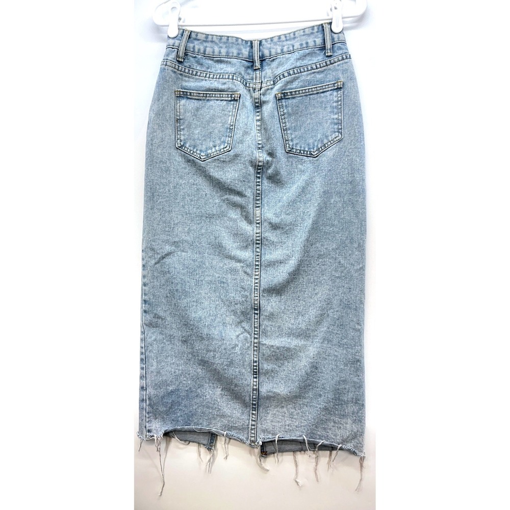 Light Wash Denim Midi Skirt Sz S Asymmetrical Waist Raw Hem Y2K Grunge - Picture 2 of 9